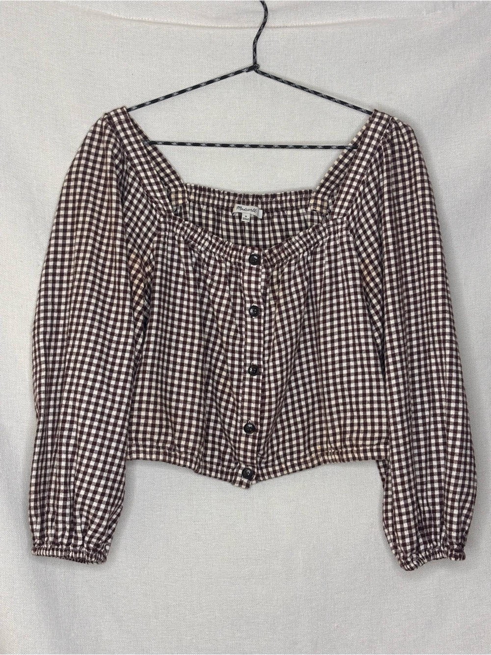 Madewell Brown & Cream Gingham Cropped Blouse